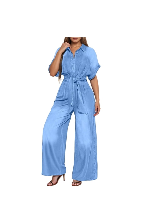 Womens Jumpsuit V Neck Denim Fabric Belted High Waist Playsuit Casual One Piece Outfits Wide Leg Romper with Pockets ,BU2,S