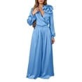thumbnail image 1 of sususu Womens Sets,Fall Clothes Women's V Neck Satin Long Sleeve Blouse with Elegant Wide Leg Trousers Sophisticated Two Piece Outfit - Blue, 1 of 4
