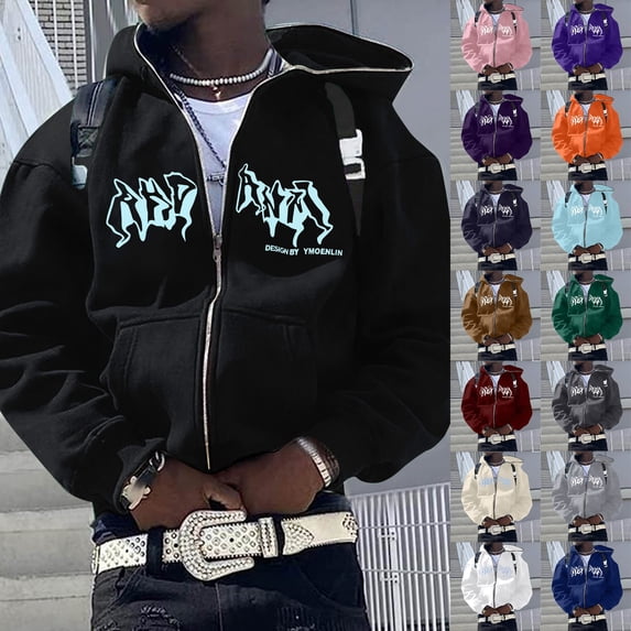 sususu Y2k Hoodie Men Dragon Full Zip Jackets Hop Gothic Graphic Hooded Sweatshirts (Orange,XL)