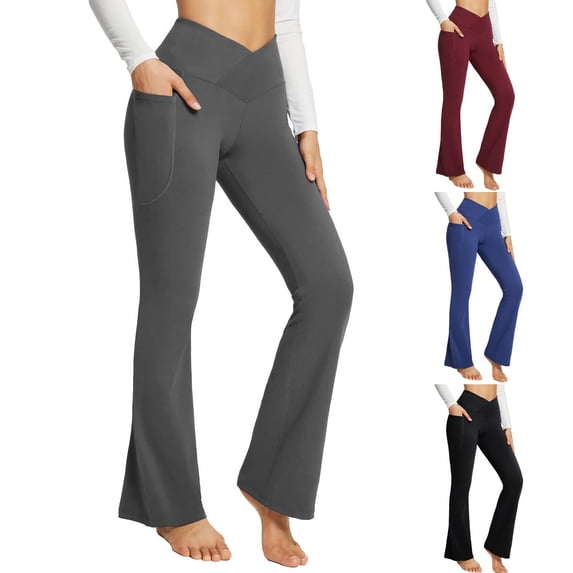 sususu Yoga Pants with Pockets for Women High Waisted Workout Yoga Pants Casual Bootcut Yoga Pants Flare Leggings Bell Bottom for Workout Running Athletic Activewear Blue L