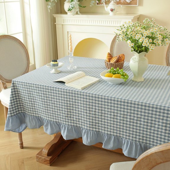suxuMhao 1 Pc 55×118 Inch Blue & White Gingham Checkered Tablecloth with Ruffle Edge, Fabric Table Cover for Daily Use, Birthday, Holiday, Indoor & Outdoor Dining Table Decor Farmhouse style