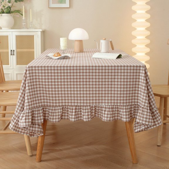 suxuMhao 1 Pc 55×118 Inch Brown & White Gingham Checkered Tablecloth with Ruffle Edge, Fabric Table Cover for Daily Use, Birthday, Holiday, Indoor & Outdoor Dining Table Decor Farmhouse style