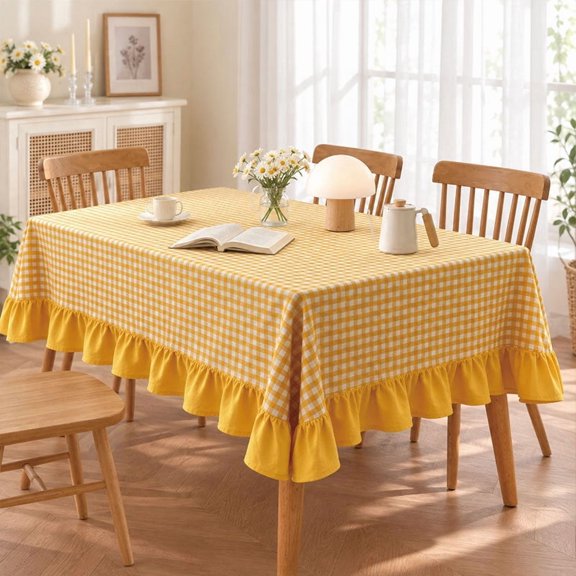 suxuMhao 1 Pc 55×118 Inch Yellow & White Gingham Checkered Tablecloth with Ruffle Edge, Fabric Table Cover for Daily Use, Birthday, Holiday, Indoor & Outdoor Dining Table Decor Farmhouse style