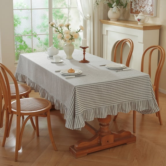 suxuMhao 1-Pc 5595 Inch Khaki & White Striped Tablecloth, Ruffled Edge Table Cover, Soft Fabric Table Linen, Warm Home Decor for Daily Dining, Birthday Gathering, Indoor Tabletop Decoration