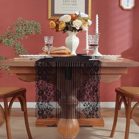 suxuMhao 2-Pc 15.847 In Black Lace Table Runner , HollowOut Romantic Decor Table Linen, Table Top Decor for Dining Table, Chair, Coffee Table, Vintage Style Home Kitchen Dining Room Table Decor