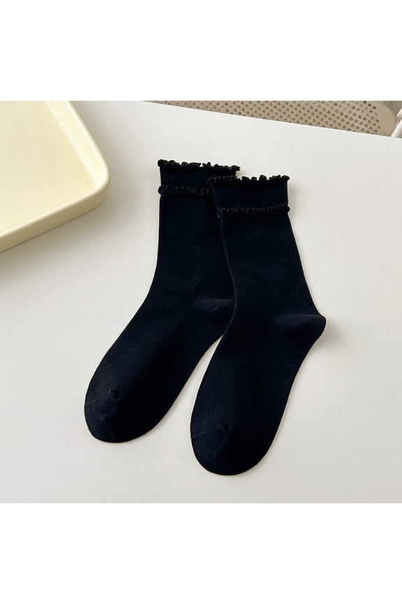 3 Pairs Double Layered Ruffle Socks, Soft Cotton Calf-length Frilly Slouch Ruffle Turn-Cuff Crew Socks, Casual Spring Black Socks, One Size Fit Most for Daily Wear
