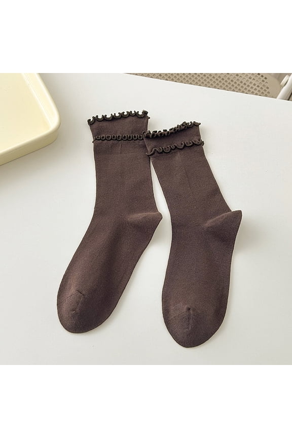 3 Pairs Double Layered Ruffle Socks, Soft Cotton Calf-length Frilly Slouch Ruffle Turn-Cuff Crew Socks, Casual Spring Dark Brown Socks, One Size Fit Most for Daily Wear