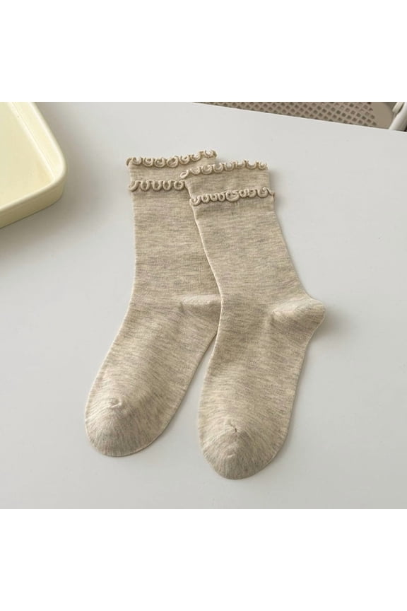 3 Pairs Double Layered Ruffle Socks, Soft Cotton Calf-length Frilly Slouch Ruffle Turn-Cuff Crew Socks, Casual Spring Gray Beige Socks, One Size Fit Most for Daily Wear