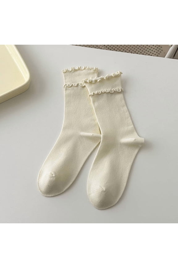 3 Pairs Double Layered Ruffle Socks, Soft Cotton Calf-length Frilly Slouch Ruffle Turn-Cuff Crew Socks, Casual Spring Off White Socks, One Size Fit Most for Daily Wear