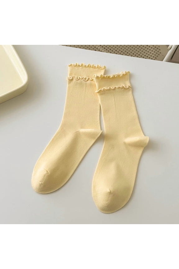 3 Pairs Double Layered Ruffle Socks, Soft Cotton Calf-length Frilly Slouch Ruffle Turn-Cuff Crew Socks, Casual Spring Yellow Socks, One Size Fit Most for Daily Wear