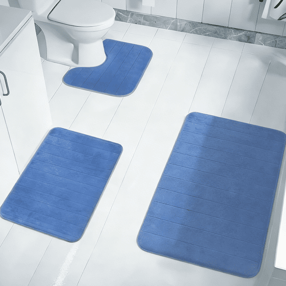 suxuMhao 3 Piece Bathroom Rugs Set, Coral Fleece Absorbent Bath Mat, Shower Rug Include U-Shaped 1620IN & Rectangular 31.520IN/1623.6IN, Blue Bathroom Floor Mats for Bathroom Decoration