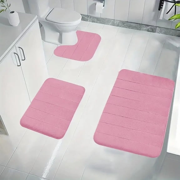 suxuMhao 3 Piece Bathroom Rugs Set, Coral Fleece Absorbent Bath Mat, Shower Rug Include U-Shaped 1620IN & Rectangular 31.520IN/1623.6IN, Pink Bathroom Floor Mats for Bathroom Decoration