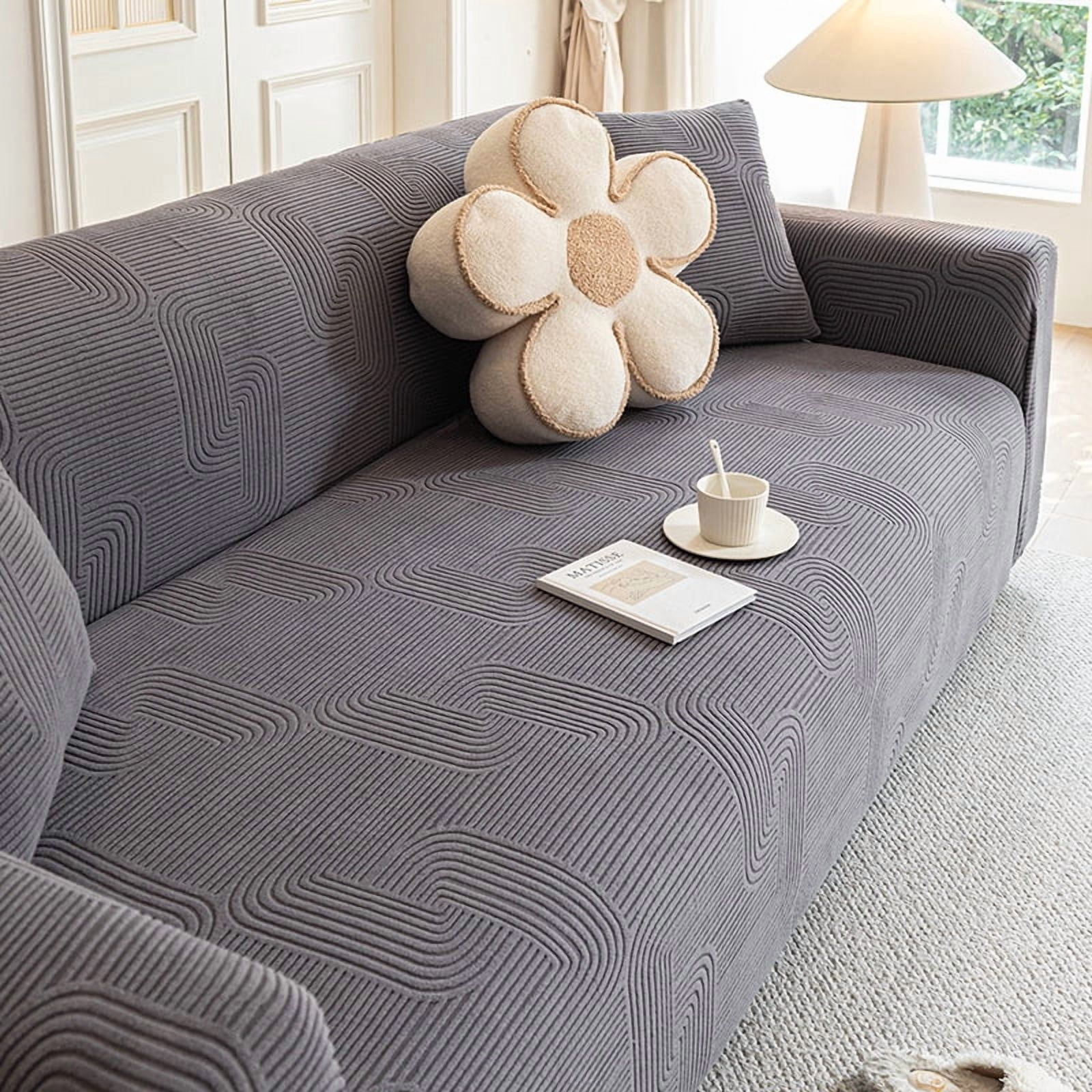 suxuMhao 3D Line Jacquard Sofa Cover Gray Stretch Couch Cover Washable 4 Seater Slipcover Extra Large 92-118 Inches Furniture Protector Para Sofa Sofa Protector Couch Covers, 1 Piece