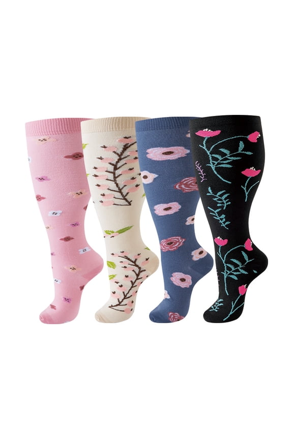 3XL Extra Large Plus Size Calf Socks Pink Blue Beige Black, Printed Pattern Big Size Extended Wide Calf Socks for Fitness Running, Enlarged High Stretch Athletic Socks, 4 Packs