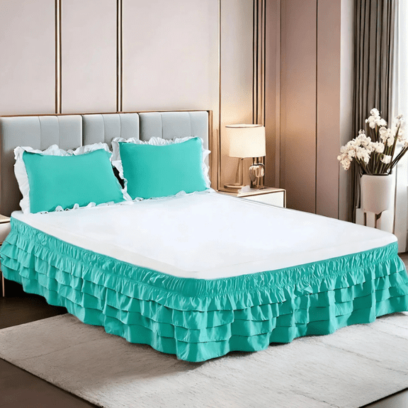 suxuMhao 4 Layer Bed Skirt, Ruffled Bed Skirt Elastic Bed Skirt Wrap Around Bed Skirt, King Size 70*78+18 Inches, Dark Cyan Bed Skirt King, Multi Layer Bed Dust Ruffle, Dust Ruffle, 1 Piece