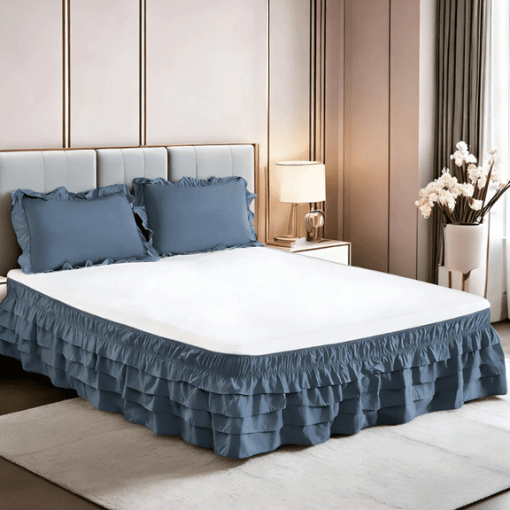suxuMhao 4 Layer Bed Skirt, Ruffled Bed Skirt Elastic Bed Skirt Wrap Around Bed Skirt, King Size 78*78+18 Inches, Gray Blue Bed Skirt King, Multi Layer Bed Dust Ruffle, Dust Ruffle, 1 Piece