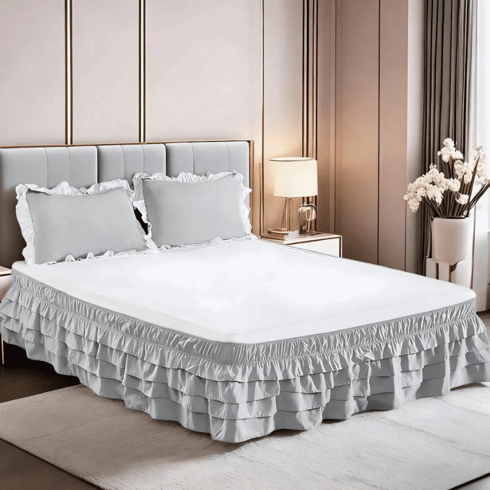 suxuMhao 4 Layer Bed Skirt, Ruffled Bed Skirt Elastic Bed Skirt Wrap Around Bed Skirt, Queen Size 59*78+18 Inches, Light Gray Bed Skirt Queen, Multi Layer Bed Dust Ruffle, Dust Ruffle, 1 Piece