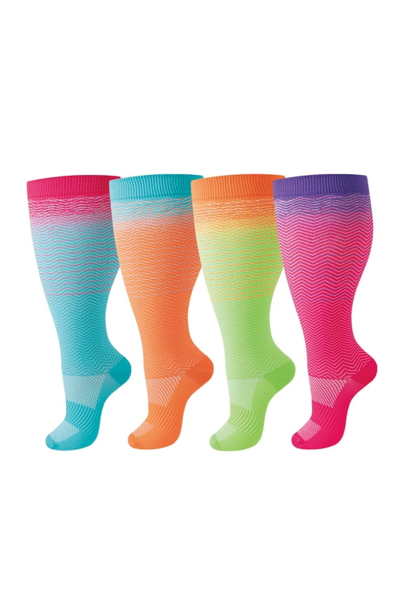 4XL Extra Large Plus Size Calf Socks Blue Orange Green Pink, Printed Pattern Big Size Extended Wide Calf Socks for Fitness Running, Enlarged High Stretch Athletic Socks, 4 Packs