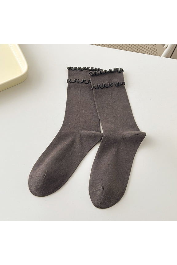 5 Pairs Double Layered Ruffle Socks, Soft Cotton Calf-length Frilly Slouch Ruffle Turn-Cuff Crew Socks, Casual Spring Dark Gray Socks, One Size Fit Most for Daily Wear