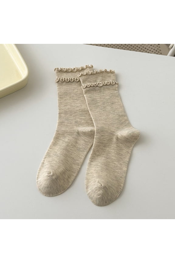 5 Pairs Double Layered Ruffle Socks, Soft Cotton Calf-length Frilly Slouch Ruffle Turn-Cuff Crew Socks, Casual Spring Gray Beige Socks, One Size Fit Most for Daily Wear
