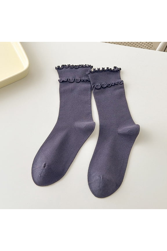 5 Pairs Double Layered Ruffle Socks, Soft Cotton Calf-length Frilly Slouch Ruffle Turn-Cuff Crew Socks, Casual Spring Purple Socks, One Size Fit Most for Daily Wear