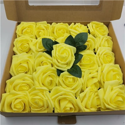 suxuMhao Artificial Roses, Yellow Lifelike Fake Roses Bulk 50pcs (2 Boxes), Faux Realistic Simulated Permanent Roses for Home Wedding Decor, Long-Lasting Artificial Flowers, 10.8*9.8*2in