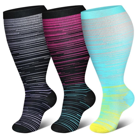 suxuMhao Athletic Socks-Large Socks, Large Size Oversized Socks,Knee High Calf Socks for Daily & Sports Wear, 4XL Size, 3 Pairs, Colorful Lines Style,Black & Pink & Yellow & White, Comfort Socks