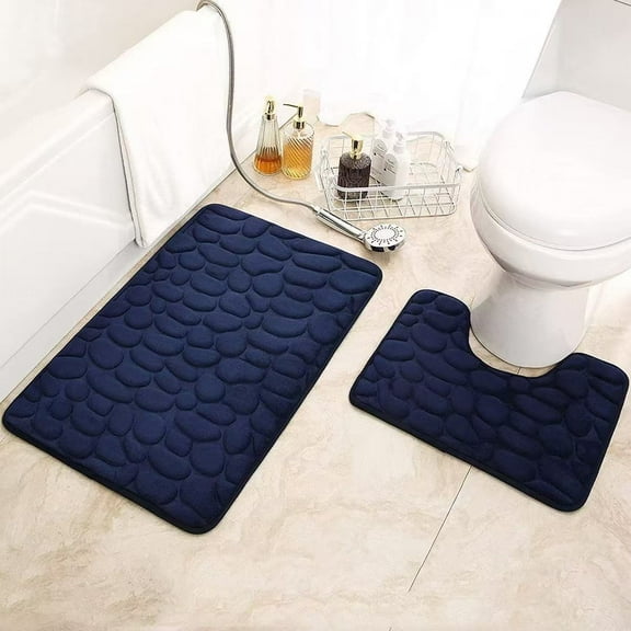 suxuMhao Bath Rugs, 2 Pcs Washable Bathroom Rugs Set - 1 Rectangular Bath Mat (20×31.5IN) + 1 U-Shaped Shower Rug (20×15.75IN), Dark Blue Rug for Bathroom,Absorbent Bath Rugs for Bathroom Floor