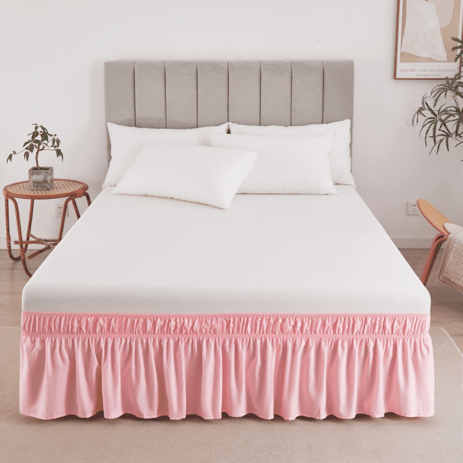 suxuMhao Bed Skirt Queen Size, 60*80+18inch Elastic Wrap Around Bed Skirt, Solid Color Easy Fit Dust Ruffle, Soft Microfiber & Polyester Bed Skirt, Machine Washable, 1 Piece Light Pink
