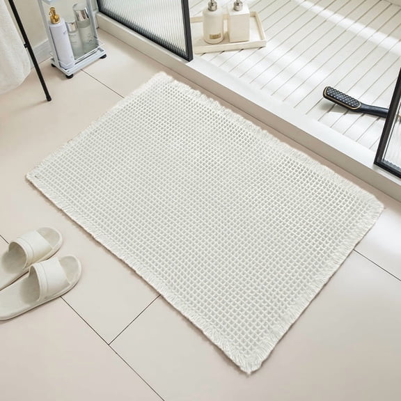 suxuMhao Beige Waffle Bathroom Rugs 46*77cm, Washable Bath Mat, Non Slip Bath Mats for Bathroom, Boho Decor Bathroom Decor Rug, Soft Absorbent Floor Mat for Home Bathroom Indoor Use, 1 Piece
