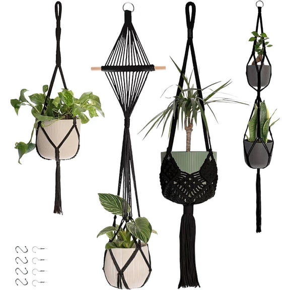 suxuMhao Cotton Linen Hanging Flowerpot Net Bags - 4 Pieces Durable Hanging Flowerpot Net Bag, Macrame Plant Hanger, Hanging Planters for Outdoor Plants, Hanging Pot, Sizes 32/41/41/48IN, Black