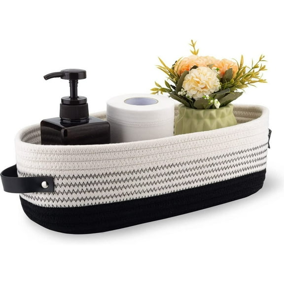suxuMhao Cotton Rope Woven Basket with Leather Handle - Black, 13.00*5.91*4.00in(33*15*10.16cm) - Storage Baskets for Home, Decorative Woven Baskets for Bathroom, Bedroom & Living Room