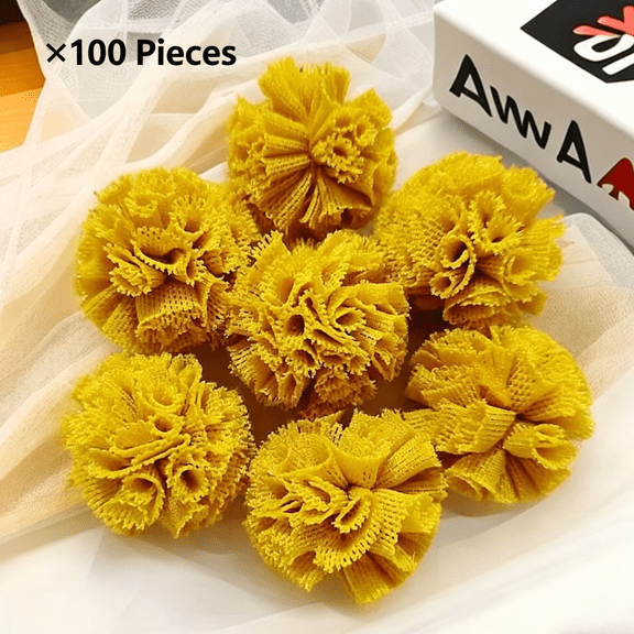 suxuMhao Craft Pom Poms, 100 Pcs Dark Yellow Mesh Pom Pom Balls, 0.98 Inches Diameter Elastic Mesh Pom Poms, Fabric Pom Poms, DIY Handmade Ball for Craft Projects, Hair Accessories and Decor