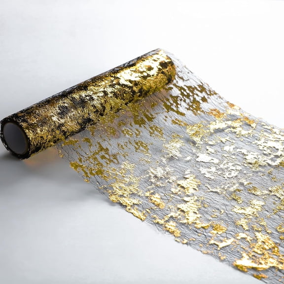 suxuMhao Decora Table Runners,Party & Wedding Table Runners,11108IN Trimmable Table Runner Long,Gold Foil Mesh Table Runners for Holiday Dinner Decor,Disposable & Waterproof,3 Rolls,Golden Black