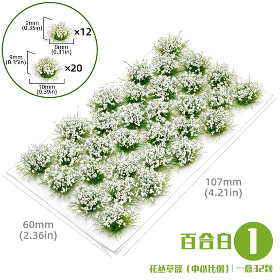 suxuMhao Decoration Grass Tuft Model, Sand table grass cluster, Artificial/Static/Miniature/Model Grass Tufts, 3 Boxes (32 Pieces Each), Green+White, 2.3*4.2in Self Adhesive Decor, Style 1