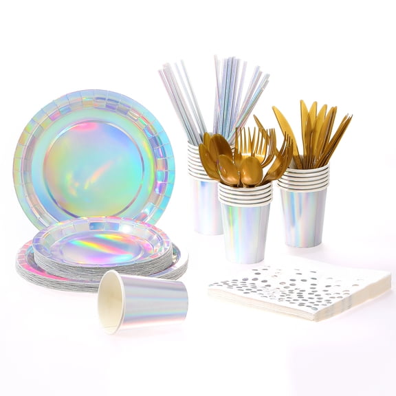 suxuMhao Disposable Laser Dinnerware Set,24 Sets for 24 Guests, Colorful, One Size,Disposable Plastic Cutlery Set Disposable Flatware Set Dishware Sets,Birthday Party Party Supplies,For Gatherings