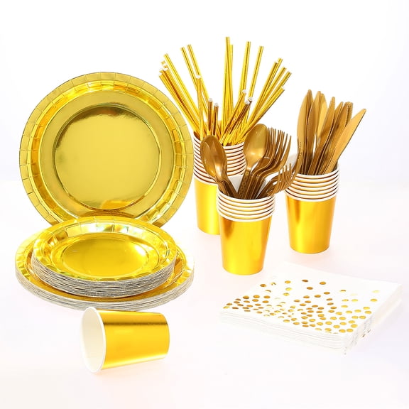 suxuMhao Disposable Laser Dinnerware Set,24 Sets for 24 Guests, Golden, One Size,Disposable Plastic Cutlery Set Disposable Flatware Set Dishware Sets,Birthday Party Party Supplies,For Gatherings