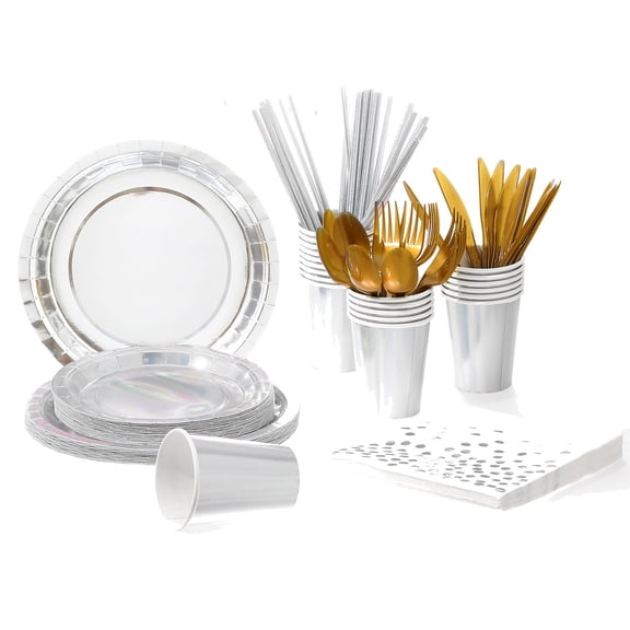 suxuMhao Disposable Laser Dinnerware Set,24 Sets for 24 Guests, Silvery, One Size,Disposable Plastic Cutlery Set Disposable Flatware Set Dishware Sets,Birthday Party Party Supplies,For Gatherings