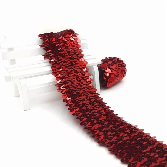 suxuMhao Elastic Sequin Ribbon, Red, 1 Roll, 1.89in*10.94YD, Sequin Trim, Sequin Strip, Spangle Ribbon, Ribbons for Crafts, Decorative Ribbon, Ribbon for Gift, Ribbon for Sewing, Flexible