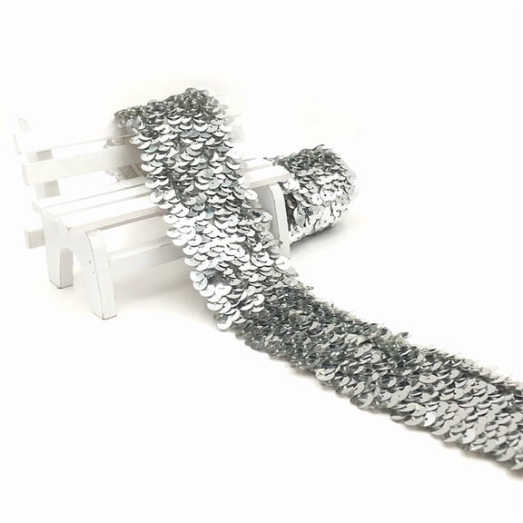 suxuMhao Elastic Sequin Ribbon, Silvery, 1 Roll, 1.89in*10.94YD, Sequin Trim, Sequin Strip, Spangle Ribbon, Ribbons for Crafts, Decorative Ribbon, Ribbon for Gift, Ribbon for Sewing, Flexible