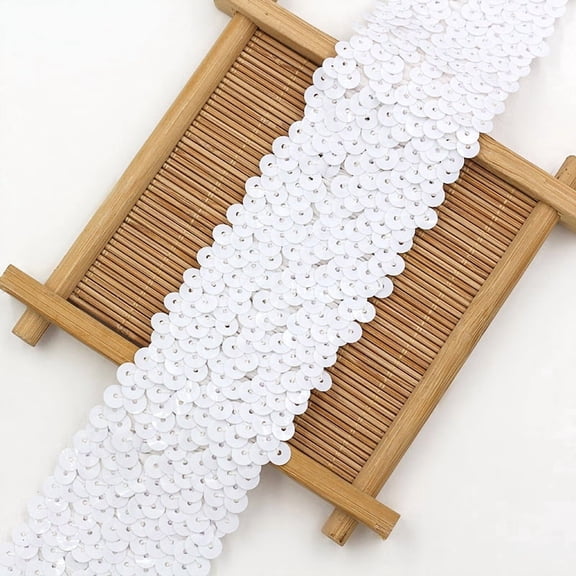 suxuMhao Elastic Sequin Ribbon, White, 1 Roll, 1.89in*10.94YD, Sequin Trim, Sequin Strip, Spangle Ribbon, Ribbons for Crafts, Decorative Ribbon, Ribbon for Gift, Ribbon for Sewing, Flexible