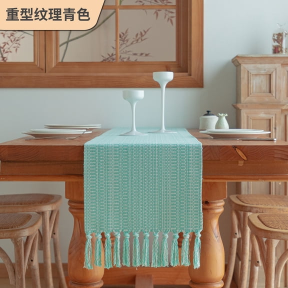 suxuMhao Farmhouse Boho Heavy Textured Tassel Table Runner, Mint Green Woven Dining Runner, Dresser Cabinet Scarf for Living Room Bedroom, 1386 In, 1 pc Neutral Rustic Linen for Daily & Gatherings