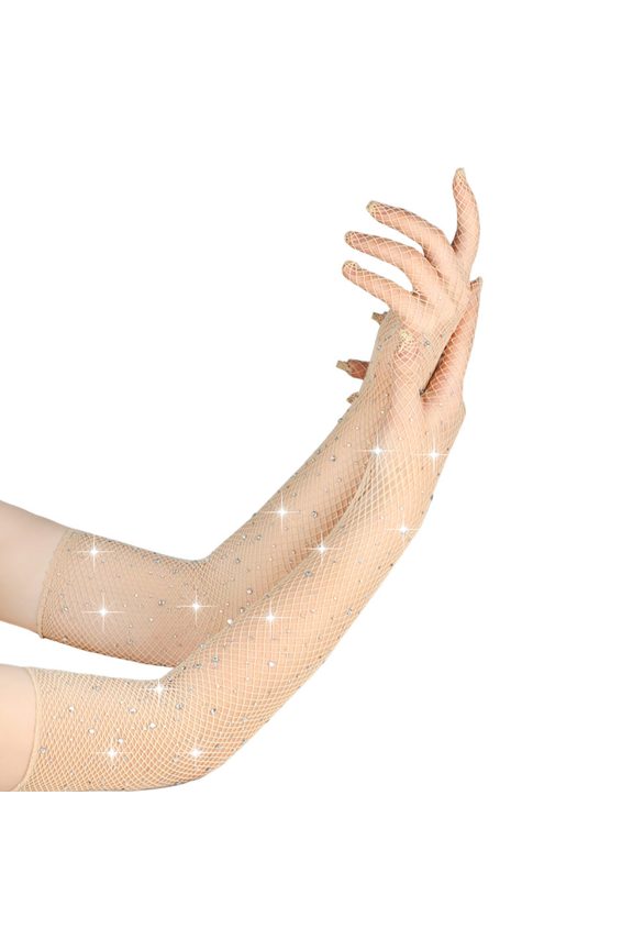 Fishnet Gloves Rhinestone Long Gloves Sparkly Elastic Mesh Gloves for Party Evening Prom Costume Accessories, One Size 16.54-17.72 Inches, 2 Pairs, Beige