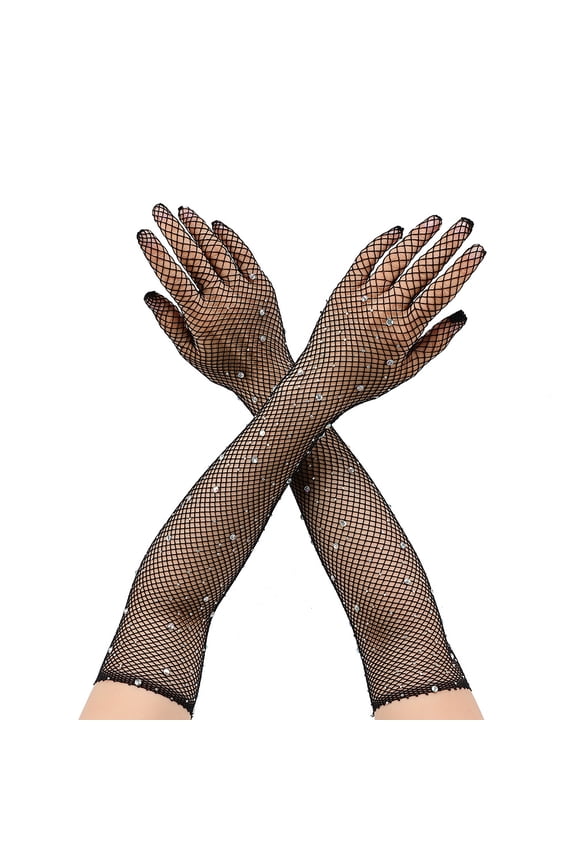 Fishnet Gloves Rhinestone Long Gloves Sparkly Elastic Mesh Gloves for Party Evening Prom Costume Accessories, One Size 18 Inches, 3 Pairs, Black