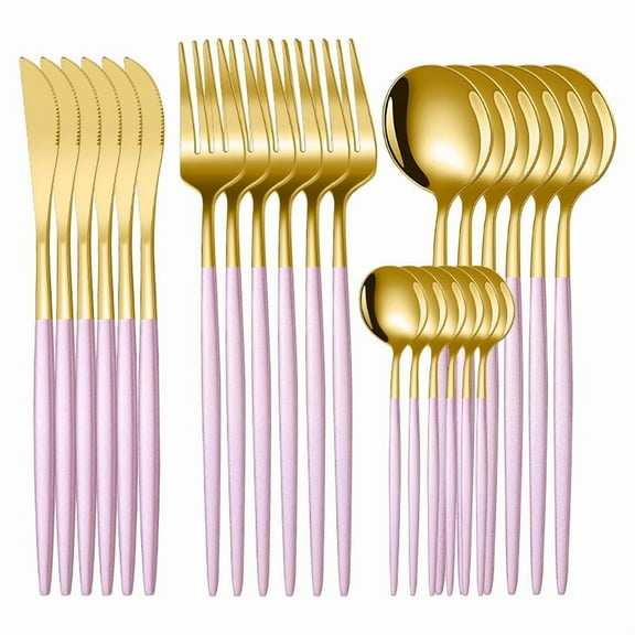 suxuMhao Flatware Sets,24-Piece Stainless Steel Silverware Set (Gold & Pink,Universal Size)-6 Each of Table Knife/Fork/Large Soup Spoon/Small Spoon,Ideal Cutlery Set for Kitchen,for Daily Use