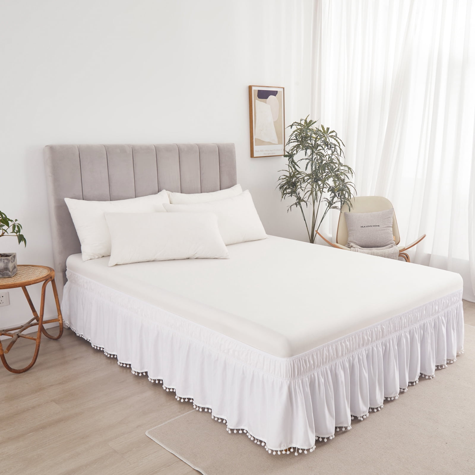 suxuMhao Hairball Edge King Bed Skirt, Elastic Wrap Around Solid Color Dust Ruffle King Size, Easy Fit, White, 78*80+16inch, 1 Piece, Soft Microfiber & Polyester, Machine Washable