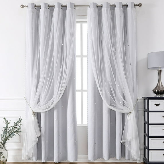suxuMhao Hollow Star Curtains with Gauze, 2 Pieces 52×84IN, Curtains for Living Room/Bedroom, Black Out Sheer Perforated Curtain, Gray White + White, Polyester & Lace