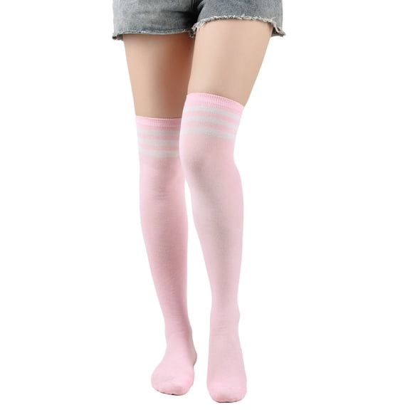 suxuMhao Knee High Socks, One Size Fits Most (Length 24in) Pink&White Polyester Stripes Long Socks, 3 Pairs Knee Socks Suitable for Cheerleading team,Fall Daily Warmth & Outfit Matching