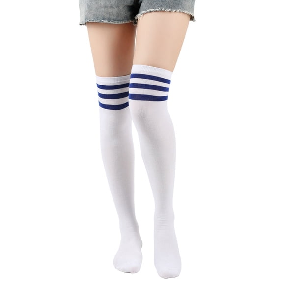 suxuMhao Knee High Socks, One Size Fits Most (Length 24in) White&blue Polyester Stripes Long Socks, 3 Pairs Knee Socks Suitable for Cheerleading team,Fall Daily Warmth & Outfit Matching
