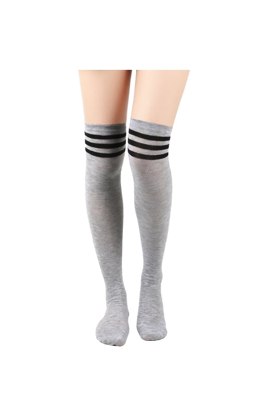 Knee High Socks, One Size Fits Most (Length 24in) light grey&black Polyester Stripes Long Socks, 3 Pairs Knee Socks  Suitable for Cheerleading team,Fall Daily Warmth & Outfit Matching